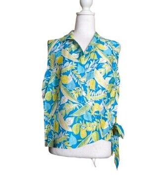 Robbie Bee 100% Silk Tropical Leaf Print Wrap Vest Top Size 14 Blue Green Resort